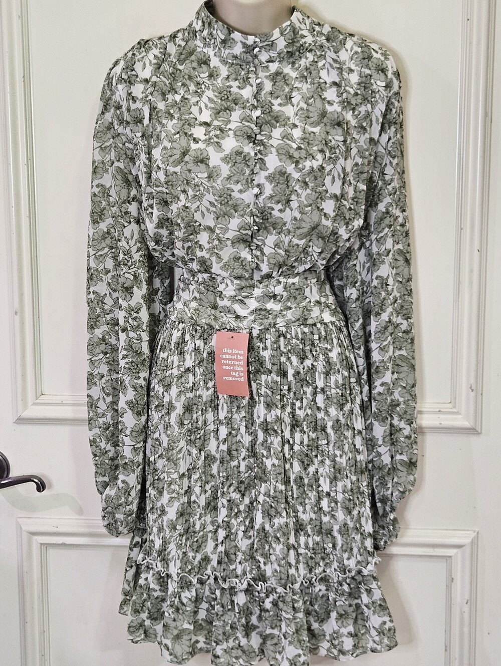 IVY CITY Brynley Dress,Green/White Floral,Long Sleeve, Button Front,X-Large,NWT